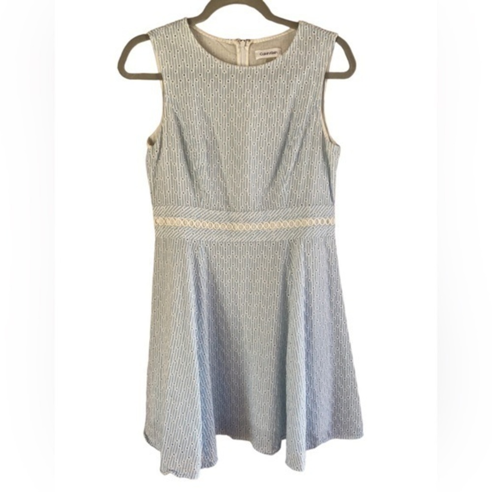 Calvin Klein women’s blue and white eyelet seer sucker sleeveless mini dress 6